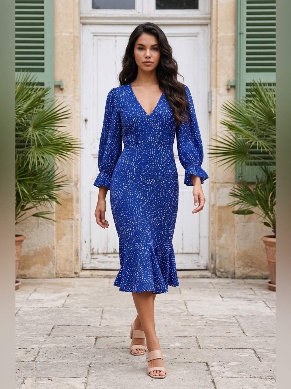Harper Royal Blue V-Neck Dress with White Abstract Print